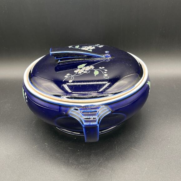 Vtg Hall China Sundial Casserole Dish with Lid - Cobalt Blue Garden Decal - Picture 4 of 10